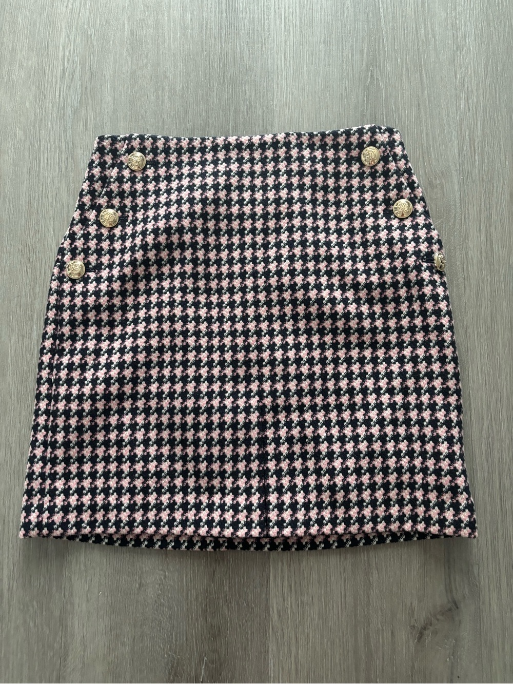 Ann Taylor Pink and Navy  Houndstooth Tweed Button-Accent Mini Skirt